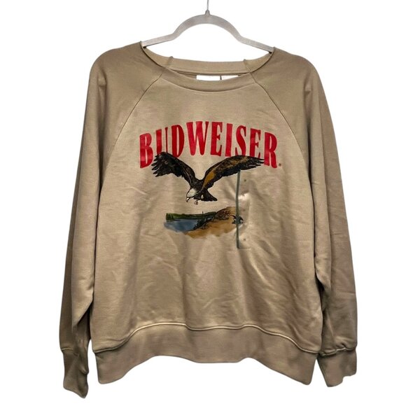 Budweiser Eagle Graphic Sweatshirt Womens‎ Medium Taupe Crew Neck - Picture 1 of 5